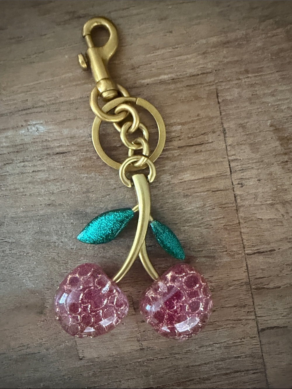Gold Cherry Charm Keychain with Pink Glitter Cherries and Green Leaves